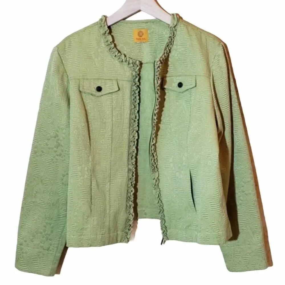 Ruby Rd. Jacket Size L Green Ruffle Trim Zip Front Textured Jacquard Shacket - Picture 2 of 5